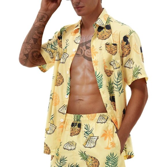 Men Yellow Hawaiian Shirt Pineapple Print Short Sleeve Button Up Casual Top - Picture 2 of 8